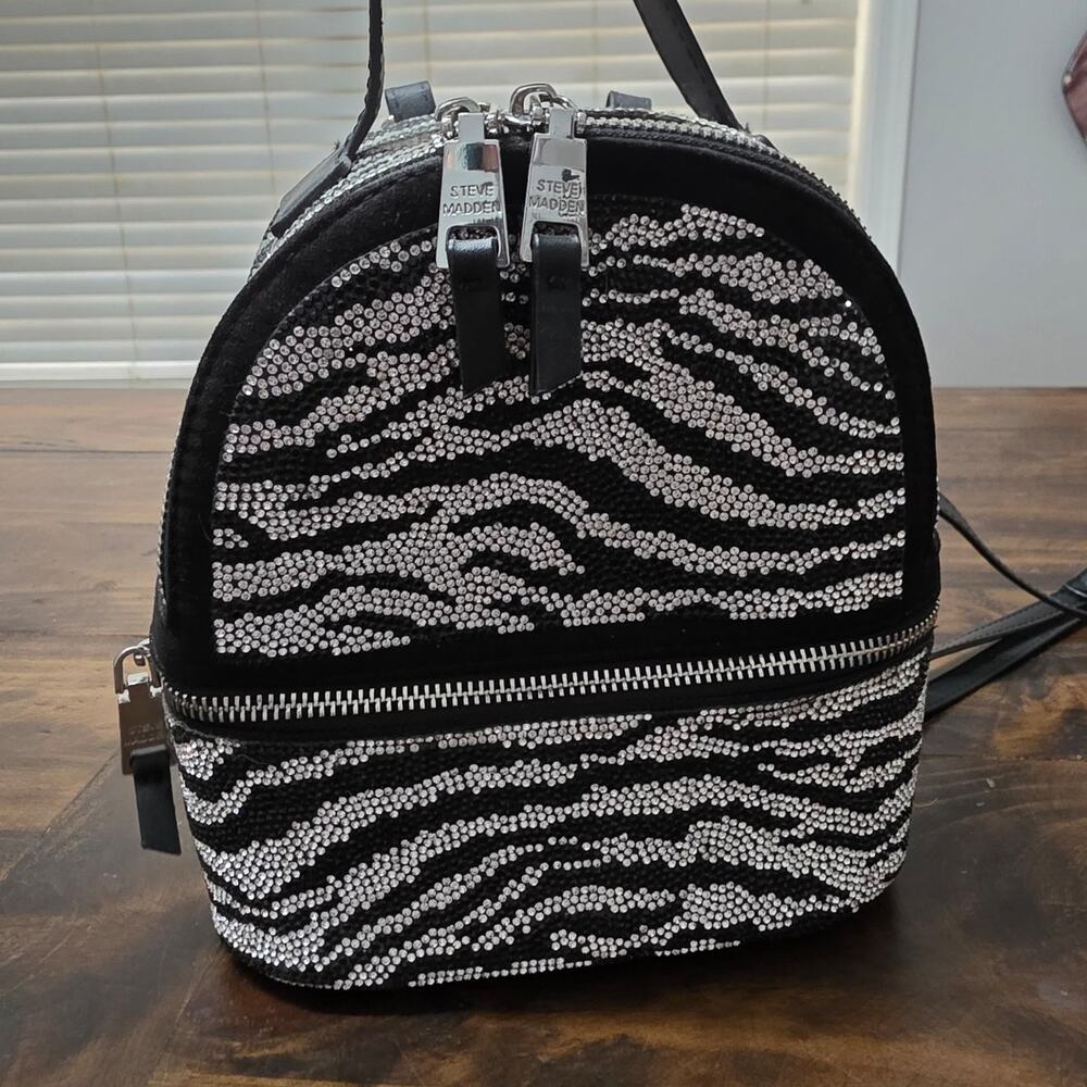 Steve Madden Black Rhinestone Zebra Mini Backpack Convertible Crossbody